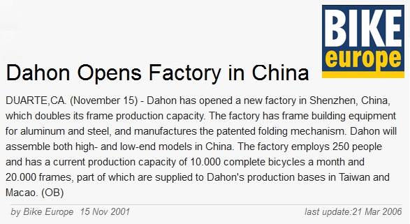 bike-europe-12.11.2001 Dahon Opens Factory in China