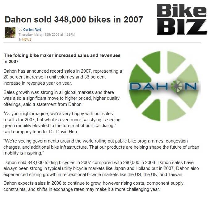 Bike Biz News article about Dahon Sold 348,000 Bikes in 2007