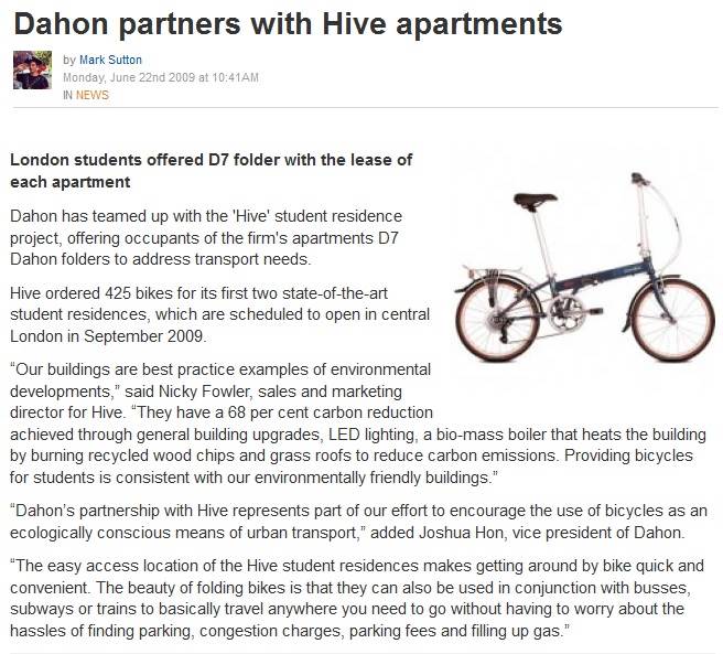Dahon Partners With Hive Apartments