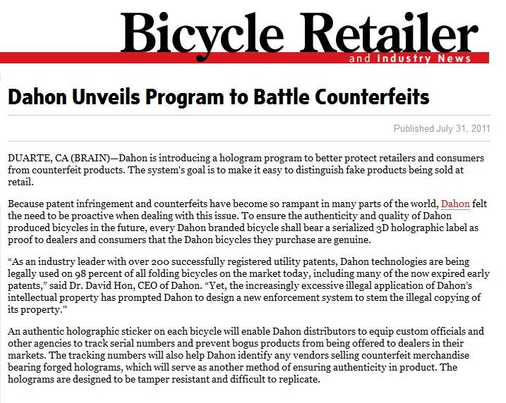 bicycle-retailer-31.7.11 media clipping dahon Dahon Unveils Program to Battle Counterfeits